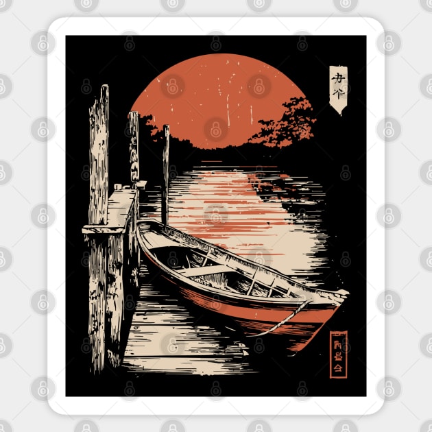Minimalist Japanese Boat Lake Sunset Zen Ukiyo-e Style Nature Art Sticker by TuncGK